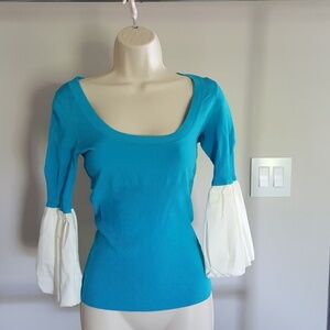 Bebe Blue Ribbed Knit Top Contrast Balloon Sleeve White Size S